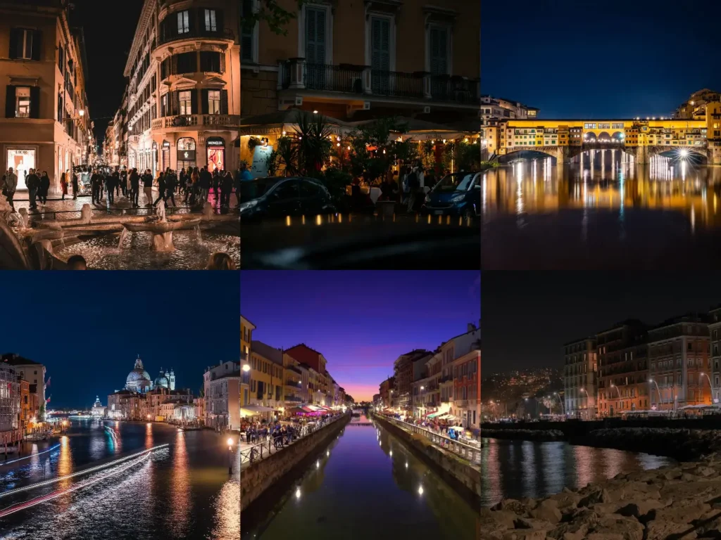Best party cities in Italy nightlife montage showing Rome, Milan, Florence, Venice and Rimini evening scenes