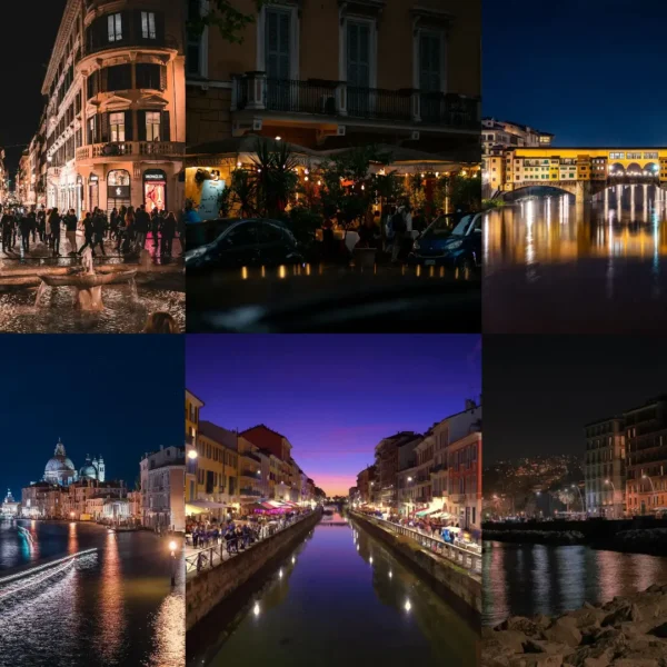 Best party cities in Italy nightlife montage showing Rome, Milan, Florence, Venice and Rimini evening scenes